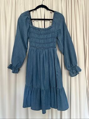 Elloh Smocked Chambray Mini Dress Size S Long Sleeve Tiered Blue